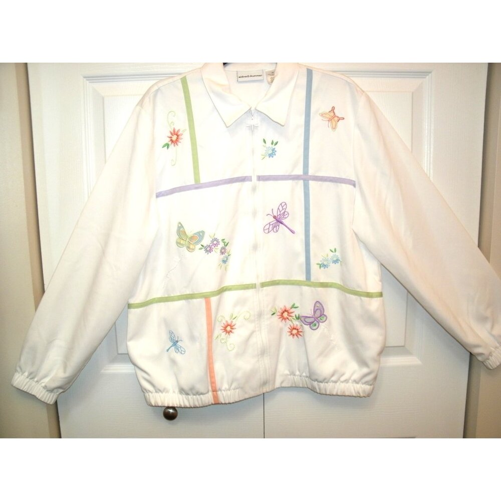 Alfred Dunner Light Weight Jacket, White w/Embroidered Flowers & Butterflies, 12